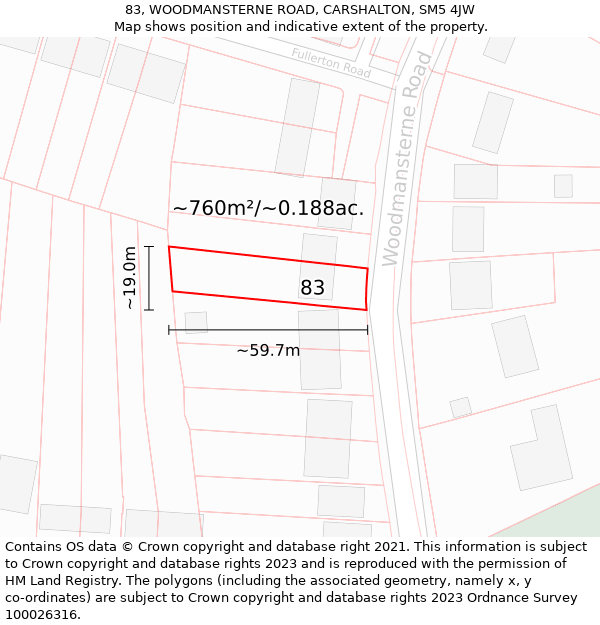 83, WOODMANSTERNE ROAD, CARSHALTON, SM5 4JW: Plot and title map