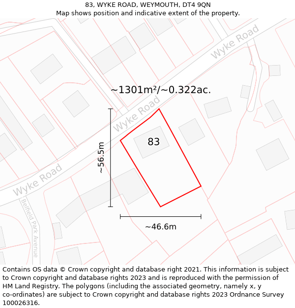 83, WYKE ROAD, WEYMOUTH, DT4 9QN: Plot and title map