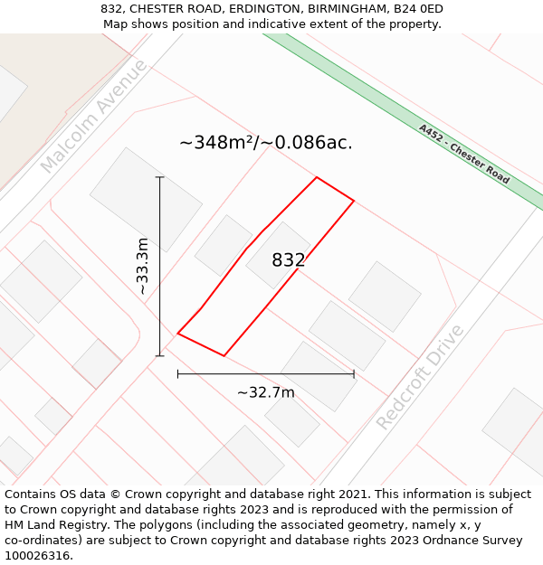 832, CHESTER ROAD, ERDINGTON, BIRMINGHAM, B24 0ED: Plot and title map