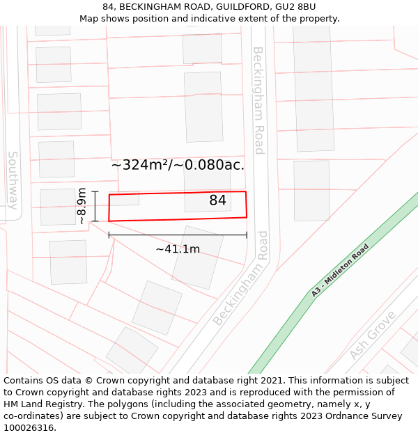 84, BECKINGHAM ROAD, GUILDFORD, GU2 8BU: Plot and title map