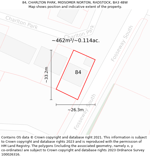 84, CHARLTON PARK, MIDSOMER NORTON, RADSTOCK, BA3 4BW: Plot and title map