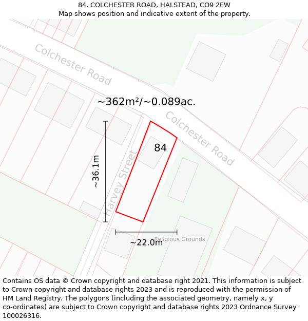 84, COLCHESTER ROAD, HALSTEAD, CO9 2EW: Plot and title map