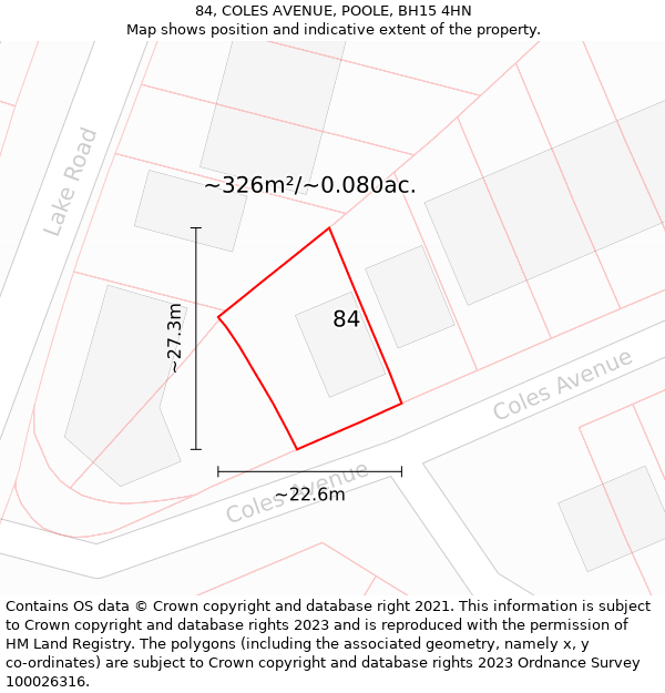 84, COLES AVENUE, POOLE, BH15 4HN: Plot and title map