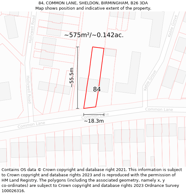 84, COMMON LANE, SHELDON, BIRMINGHAM, B26 3DA: Plot and title map