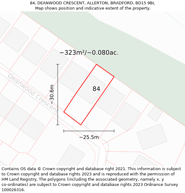 84, DEANWOOD CRESCENT, ALLERTON, BRADFORD, BD15 9BL: Plot and title map