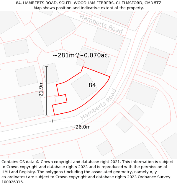 84, HAMBERTS ROAD, SOUTH WOODHAM FERRERS, CHELMSFORD, CM3 5TZ: Plot and title map