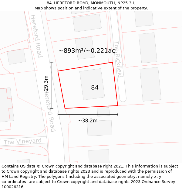 84, HEREFORD ROAD, MONMOUTH, NP25 3HJ: Plot and title map