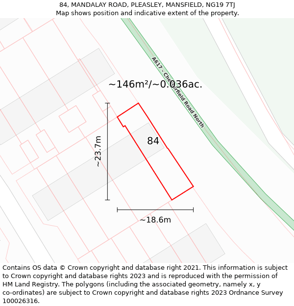 84, MANDALAY ROAD, PLEASLEY, MANSFIELD, NG19 7TJ: Plot and title map