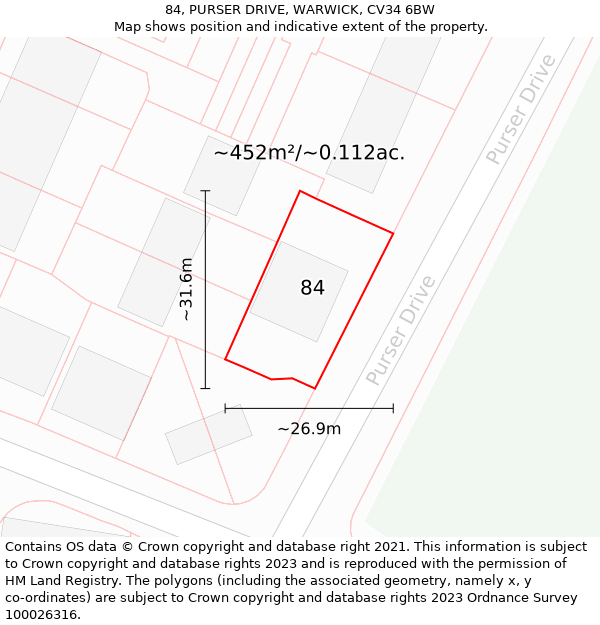 84, PURSER DRIVE, WARWICK, CV34 6BW: Plot and title map