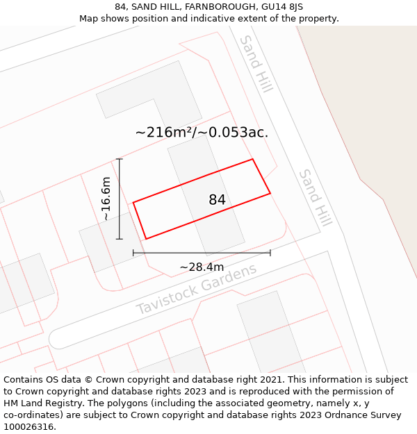 84, SAND HILL, FARNBOROUGH, GU14 8JS: Plot and title map