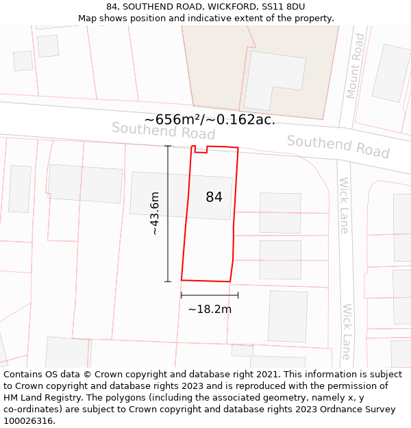 84, SOUTHEND ROAD, WICKFORD, SS11 8DU: Plot and title map