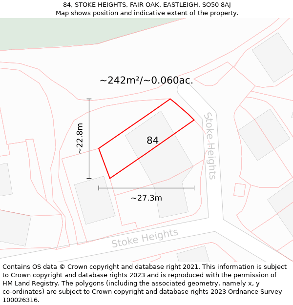 84, STOKE HEIGHTS, FAIR OAK, EASTLEIGH, SO50 8AJ: Plot and title map