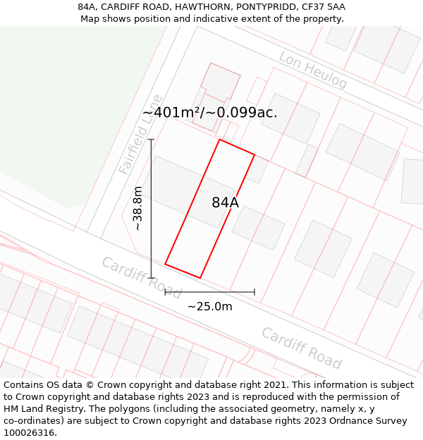 84A, CARDIFF ROAD, HAWTHORN, PONTYPRIDD, CF37 5AA: Plot and title map