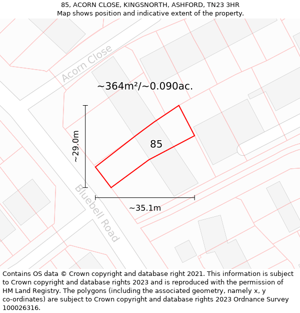 85, ACORN CLOSE, KINGSNORTH, ASHFORD, TN23 3HR: Plot and title map