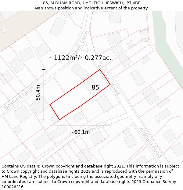 85, ALDHAM ROAD, HADLEIGH, IPSWICH, IP7 6BP: Plot and title map