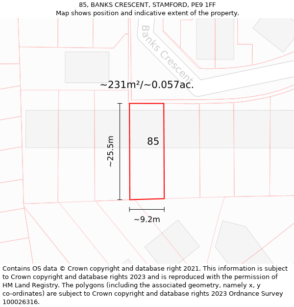 85, BANKS CRESCENT, STAMFORD, PE9 1FF: Plot and title map