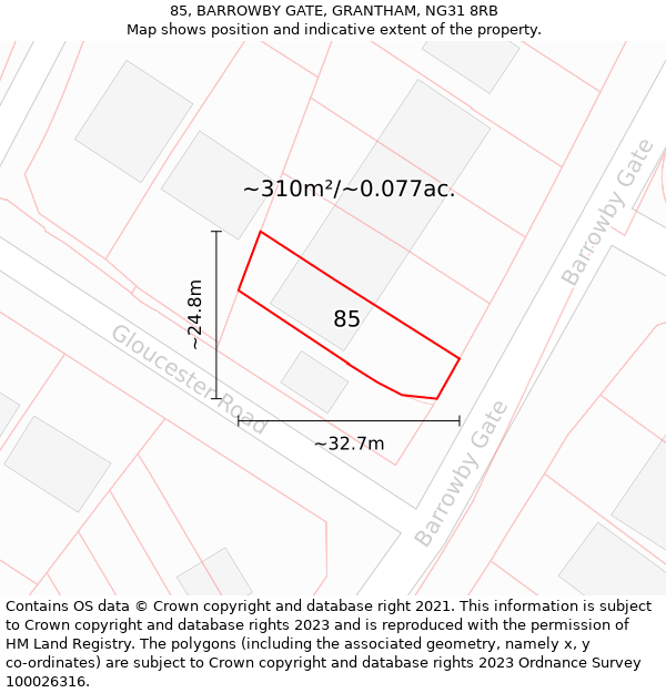 85, BARROWBY GATE, GRANTHAM, NG31 8RB: Plot and title map