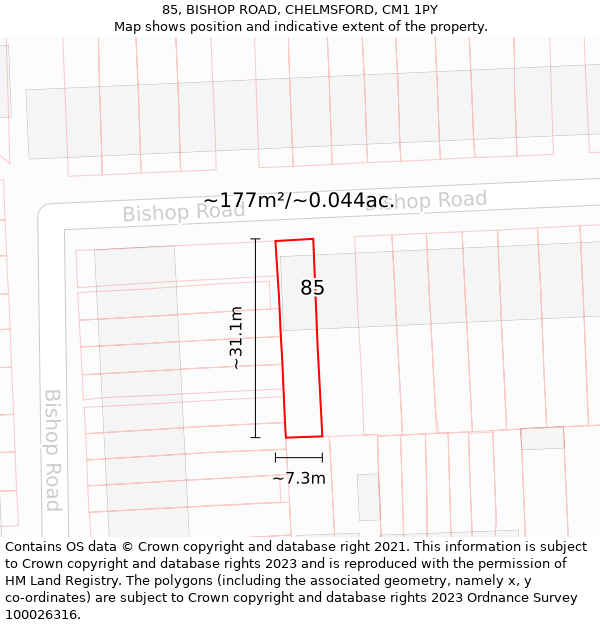 85, BISHOP ROAD, CHELMSFORD, CM1 1PY: Plot and title map