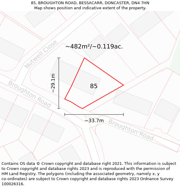 85, BROUGHTON ROAD, BESSACARR, DONCASTER, DN4 7HN: Plot and title map