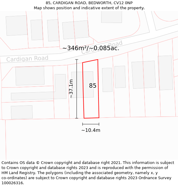 85, CARDIGAN ROAD, BEDWORTH, CV12 0NP: Plot and title map