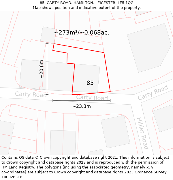 85, CARTY ROAD, HAMILTON, LEICESTER, LE5 1QG: Plot and title map