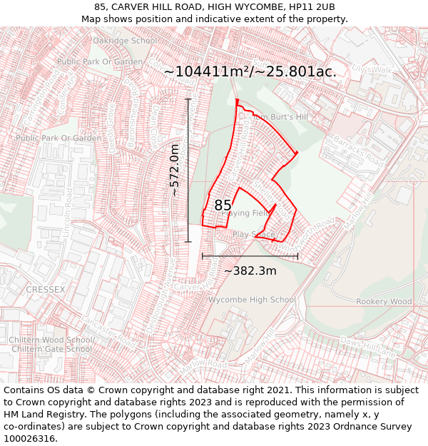 85, CARVER HILL ROAD, HIGH WYCOMBE, HP11 2UB: Plot and title map