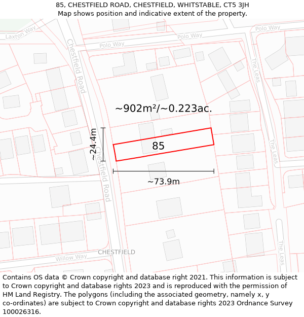 85, CHESTFIELD ROAD, CHESTFIELD, WHITSTABLE, CT5 3JH: Plot and title map