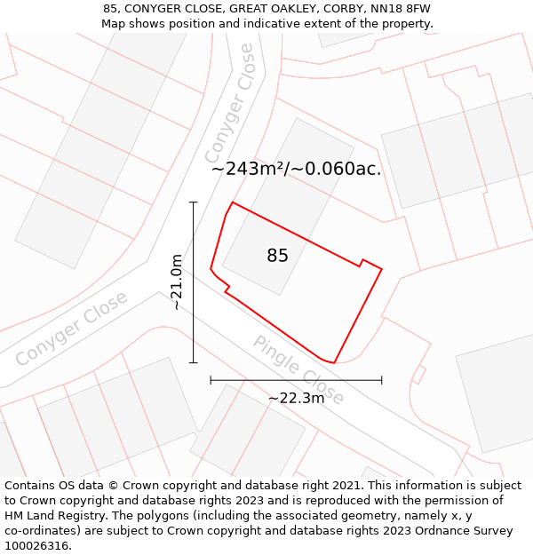 85, CONYGER CLOSE, GREAT OAKLEY, CORBY, NN18 8FW: Plot and title map