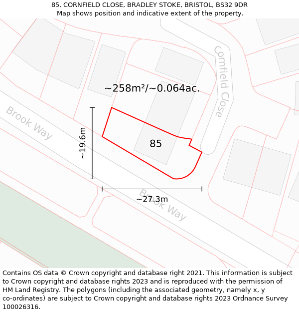 85, CORNFIELD CLOSE, BRADLEY STOKE, BRISTOL, BS32 9DR: Plot and title map