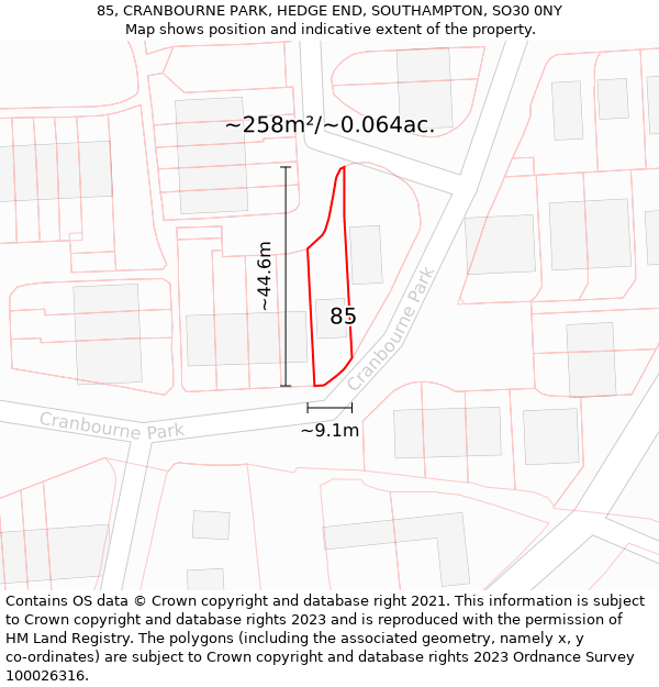 85, CRANBOURNE PARK, HEDGE END, SOUTHAMPTON, SO30 0NY: Plot and title map