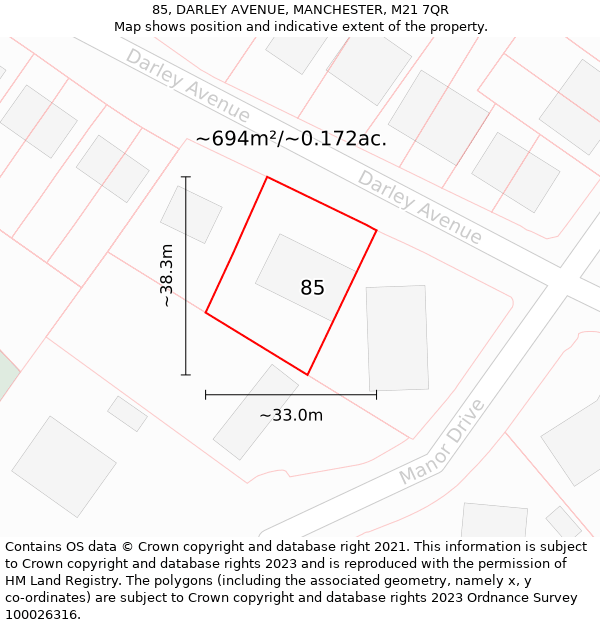 85, DARLEY AVENUE, MANCHESTER, M21 7QR: Plot and title map