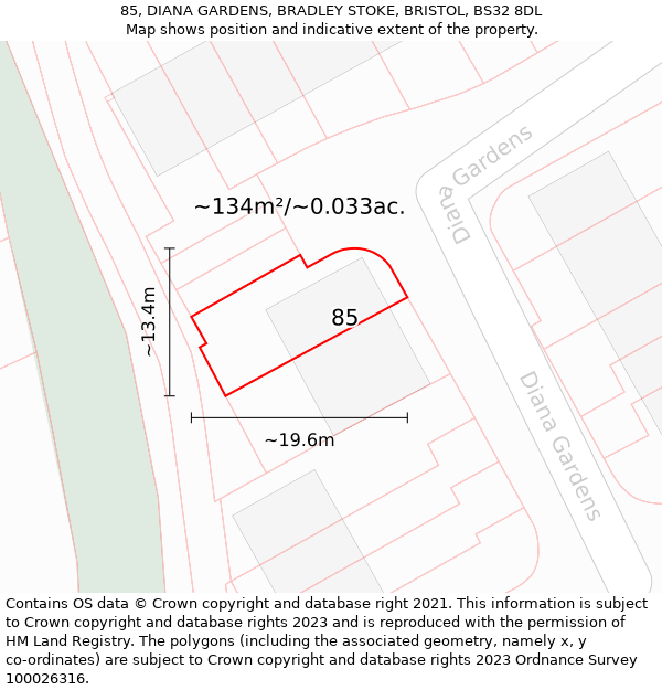 85, DIANA GARDENS, BRADLEY STOKE, BRISTOL, BS32 8DL: Plot and title map