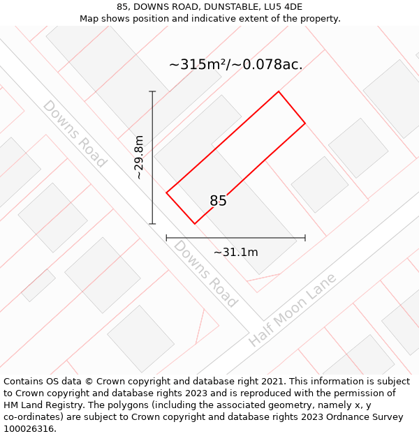 85, DOWNS ROAD, DUNSTABLE, LU5 4DE: Plot and title map