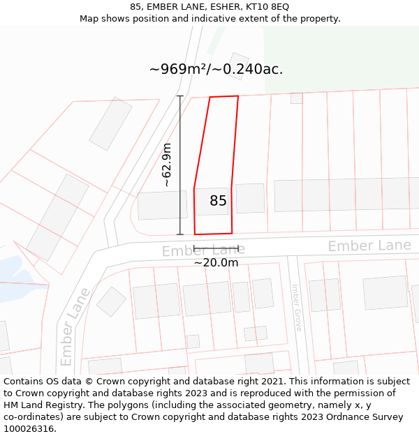 85, EMBER LANE, ESHER, KT10 8EQ: Plot and title map