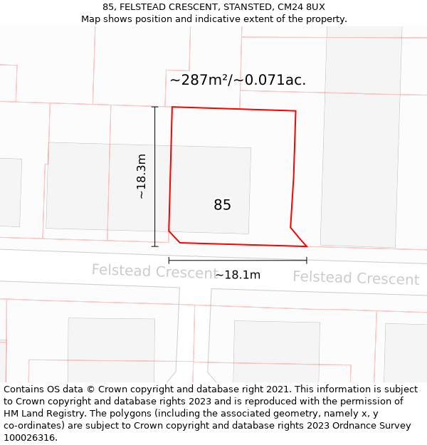 85, FELSTEAD CRESCENT, STANSTED, CM24 8UX: Plot and title map