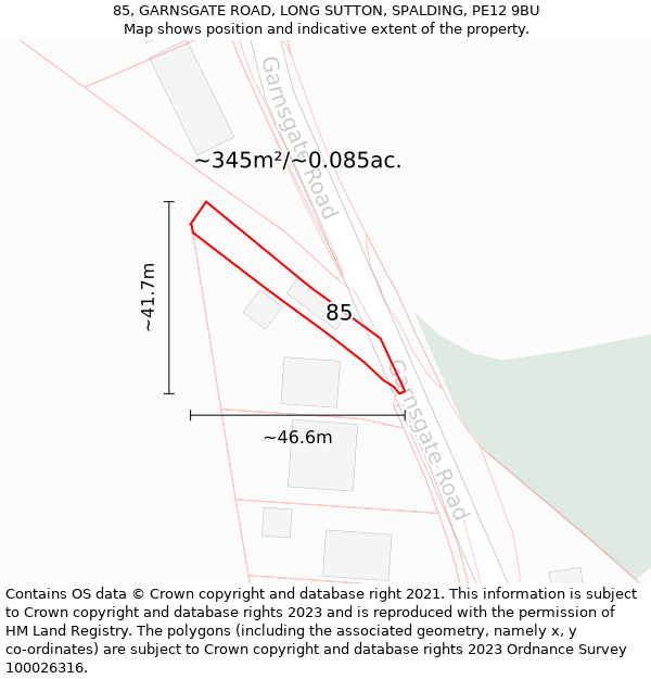 85, GARNSGATE ROAD, LONG SUTTON, SPALDING, PE12 9BU: Plot and title map