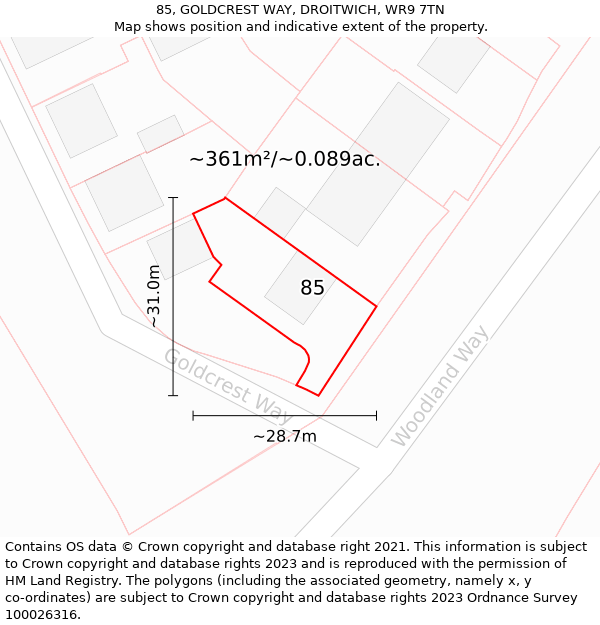 85, GOLDCREST WAY, DROITWICH, WR9 7TN: Plot and title map