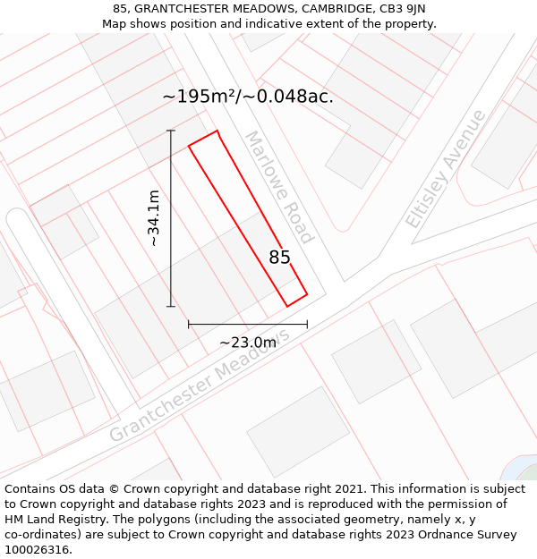 85, GRANTCHESTER MEADOWS, CAMBRIDGE, CB3 9JN: Plot and title map