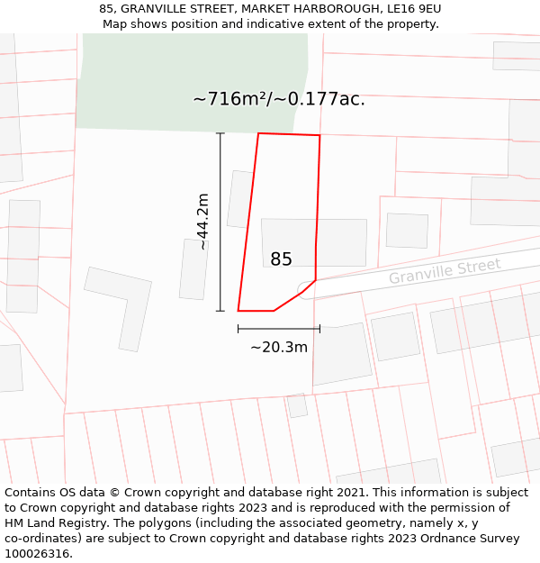 85, GRANVILLE STREET, MARKET HARBOROUGH, LE16 9EU: Plot and title map