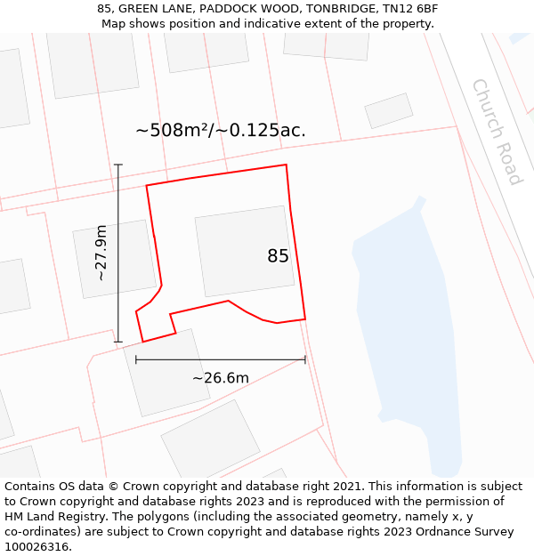 85, GREEN LANE, PADDOCK WOOD, TONBRIDGE, TN12 6BF: Plot and title map