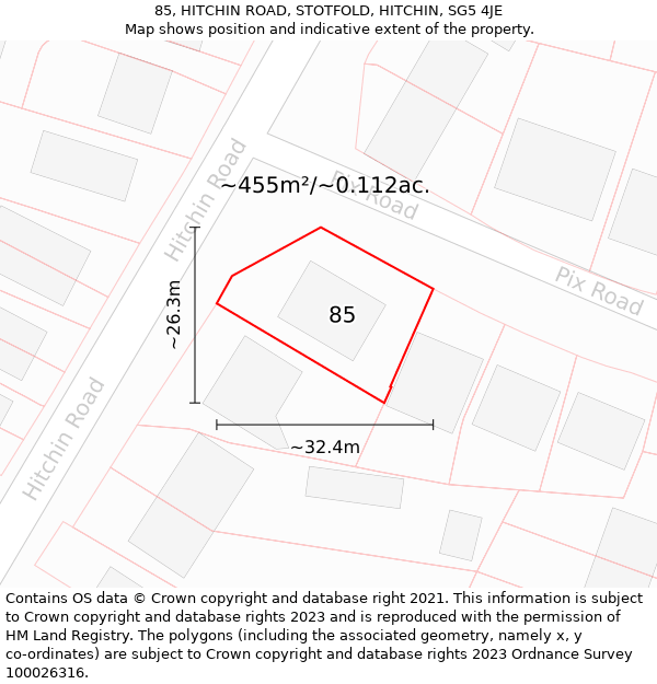 85, HITCHIN ROAD, STOTFOLD, HITCHIN, SG5 4JE: Plot and title map