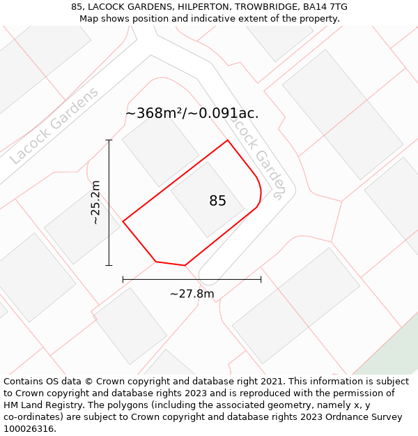 85, LACOCK GARDENS, HILPERTON, TROWBRIDGE, BA14 7TG: Plot and title map