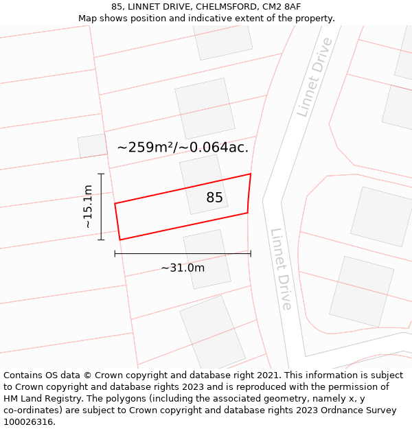 85, LINNET DRIVE, CHELMSFORD, CM2 8AF: Plot and title map