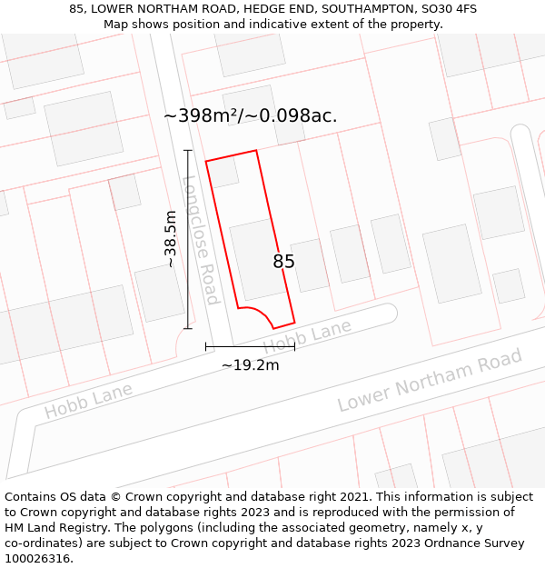 85, LOWER NORTHAM ROAD, HEDGE END, SOUTHAMPTON, SO30 4FS: Plot and title map