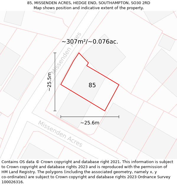 85, MISSENDEN ACRES, HEDGE END, SOUTHAMPTON, SO30 2RD: Plot and title map