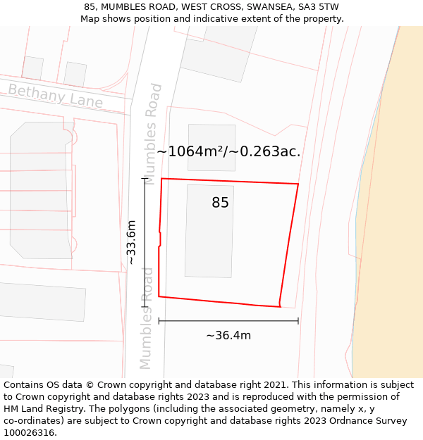 85, MUMBLES ROAD, WEST CROSS, SWANSEA, SA3 5TW: Plot and title map