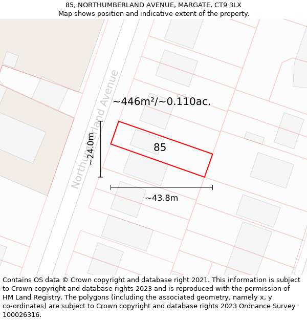 85, NORTHUMBERLAND AVENUE, MARGATE, CT9 3LX: Plot and title map