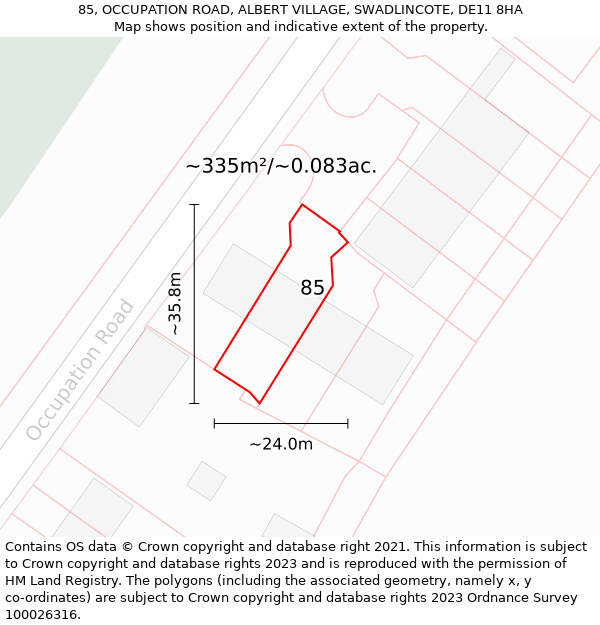 85, OCCUPATION ROAD, ALBERT VILLAGE, SWADLINCOTE, DE11 8HA: Plot and title map