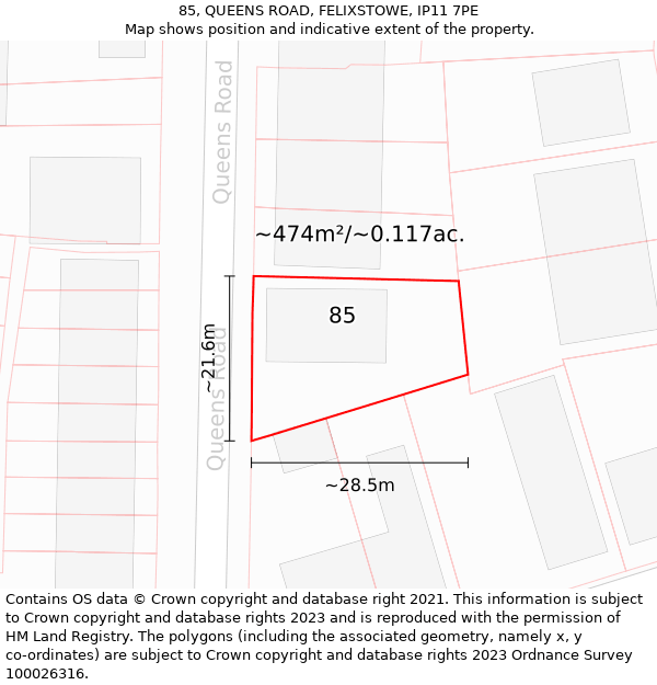 85, QUEENS ROAD, FELIXSTOWE, IP11 7PE: Plot and title map