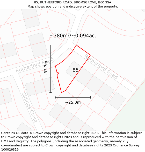 85, RUTHERFORD ROAD, BROMSGROVE, B60 3SA: Plot and title map